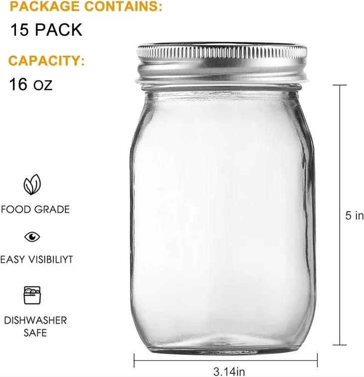 16oz Glass Jars With Regular Lids, Mason Jar With Airtight Lids, Clear Glass Jar