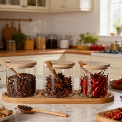 3'lü Depolama Kavanoz Seti Ahşap Tabanlı ve Kaşıklı