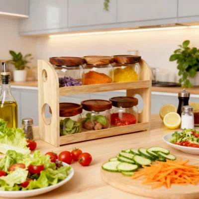 Akasya Ahşap Tabanlı 6'lı Kavanoz Saklama Seti