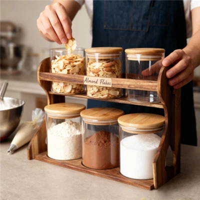 6 Parça Ahşap Tabanlı Yüksek Borosilikat Cam Kavanoz Seti