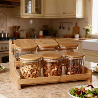 6 Parça Ahşap Tabanlı Yüksek Borosilikat Cam Kavanoz Seti