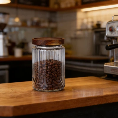 U-Akasya Ağacı Kapaklı Oluklu Dokulu Cam Saklama Kabı